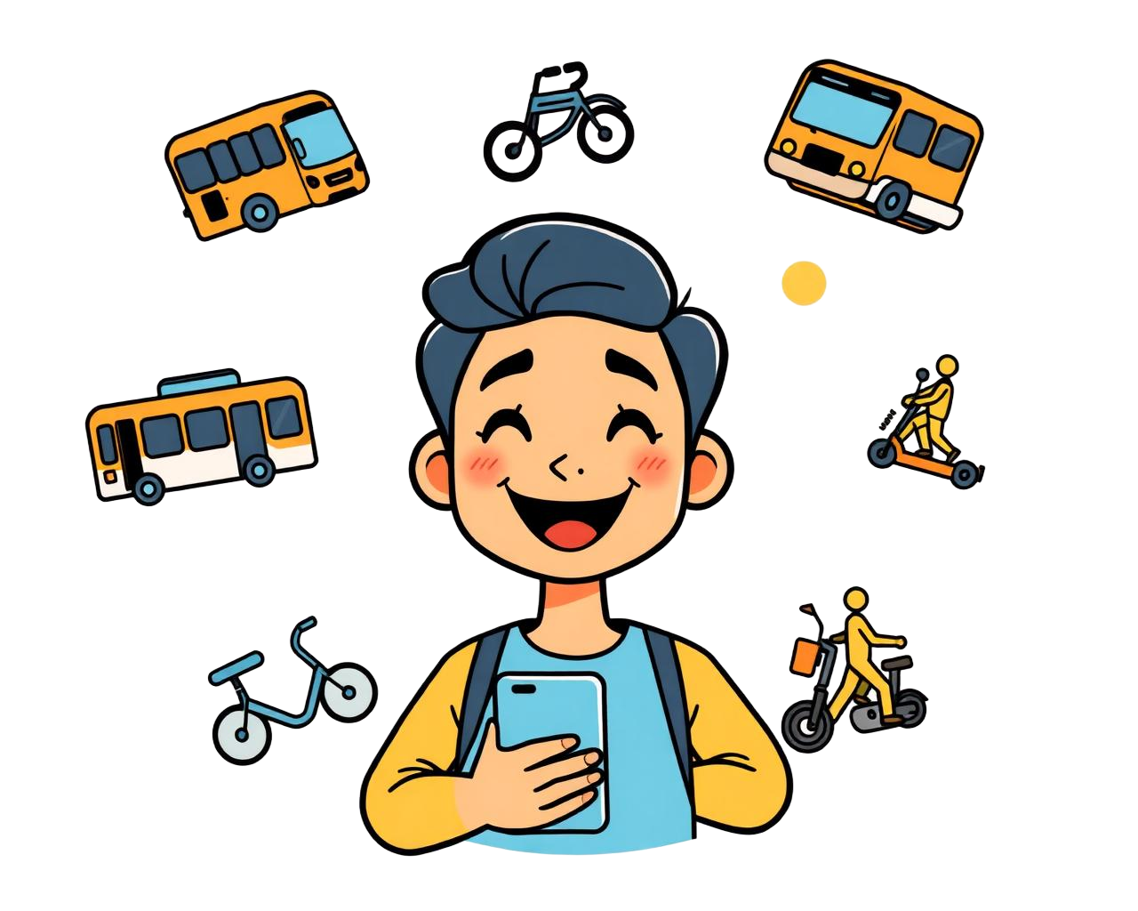Persona sorridente con smartphone circondata da mezzi di trasporto